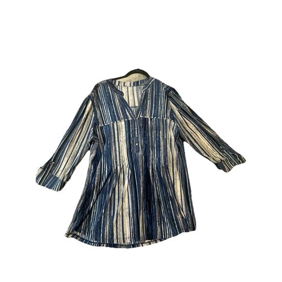 Women’s Boho Blue White Striped Tunic Top (Cato-Style, Made in India) 1x - Picture 1 of 8